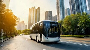 Electric bus driving in ecological city street. Advanced public transportation and eco-friendly urban transport. Smart sustainable city concept