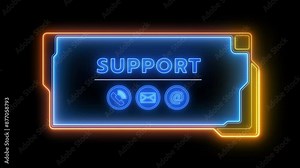 Support center, contact us, call center and customer service help. Business and technology concept. Glowing neon line of support icons banner concept isolated on transparent background. Stock Video