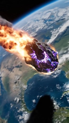 A dark, jagged meteor streaks across the sky, its surface carved with glowing crystal veins, as it crashes into Earth. Sparks and dust erupt from the impact, scattering fragments across the surrounding land. The sky glows eerily as the massive stone embeds itself into the ground, a haunting display of cosmic power meeting our world. #MeteorImpact #DarkMeteor #Crystal #CosmicEvent #EarthImpacts #fblifestyle #SciFiNature #SkyCrash #SpaceRock #EpicCollision | Earth Impacts