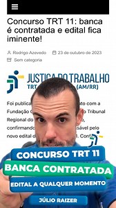 🚀 NOVIDADES DO CONCURSO TRT 11! 🚀 ✨ Foi confirmada a Fundação Carlos Chagas (FCC) como banca responsável pelo novo edital do Concurso TRT 11. A publicação do edital está prevista para novembro de 2023, com provas estimadas para janeiro de 2024. 📌 Informações Rápidas: ● Órgão: Tribunal Regional do Trabalho da 11ª região (abrangendo Amazonas e Roraima) ● Situação: Banca contratada ● Banca: FCC ● Vagas: 80 autorizadas (41 técnicos, 39 analistas) ● Cargos: Analista e Técnico Judiciários ● Escolar