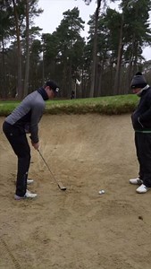 ( COMPACT SAND ) Bunker Play A greenside bunker shot is one of the most intimidating shots amateurs face—but it doesn’t have to be! Below, I’ve outlined a simple approach for playing shots from both compact and deep sand. For more details, turn to page 92 of your 3 Releases book! . COMPACT SAND In the first shot of this video, too much bounce impacted the sand, resulting in a thinned shot. To play this shot effectively, we need to steepen our attack angle by implementing the following adjustment