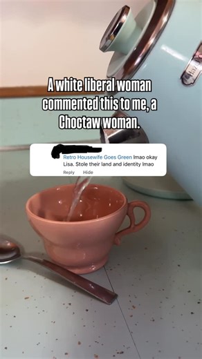 Lisa Sharp 🏡 Retro Housewife on Instagram: "It’s not uncommon for me to have white liberals tell me I can’t be Choctaw because of the color of my skin. It’s also not uncommon for MAGA to call me slurs and tell me to “go back to the reservation” (where I already live by the way). Both are forms of racism, sure one is more violent but this highlights how much work is still needed on the left and why many marginalized people don’t feel safe no matter how many safety pins, blue bracelets, pink hats