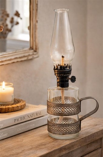 Antique Glass Finger Oil Lamp – Pierced Metal Holder, Primitive Farmhouse Lighting - Etsy