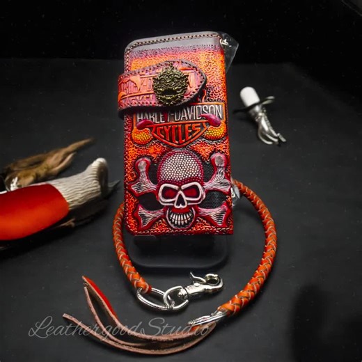 Carved Leather Biker Wallet Chain, Skull Carved Wallet, Bifold Western Cowboy Wallet, Motorcycle Wallet, Leather Gift for Men, Gift for Dad - Etsy