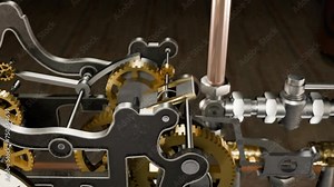 3D animation showing the gears and workings of an old mechanical clock system