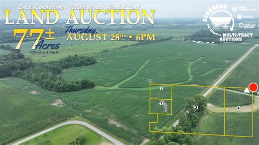 2K views | Auction Spotlight: These four tracts sold in Wayne County, Indiana featured 67± cropland acres with 2026 crop rights, frontage along two roads, and a quality soil mix of Miami, Crosby, Treaty, and Losantville soils. Also included was a country farmstead with a brick ranch and potential building sites within Northeastern Schools. The auction concluded at $1,250,000. Tract(s): 1-4 @ $1,250,000 ($16,233/acre) https://www.schraderauction.com/auctions/9194 | Schrader Auction | Facebook