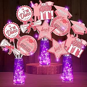 Skyygemm 36 Set Graduation Party Decorations Glitter Pink Graduation Table Centerpiece Sticks with LED String Lights Congrats Grad Class of 2024 Table Toppers for 2024 Graduation Party Supplies