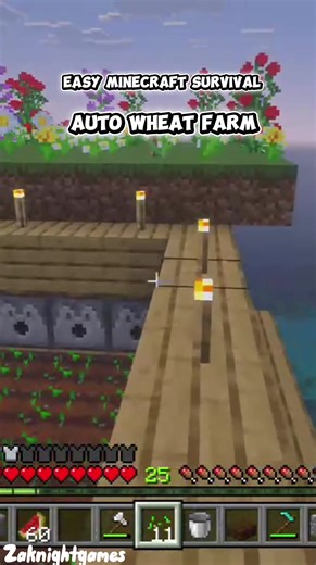 Minecraft Auto Wheat Farm. For Survival mode Automatic wheat farm easy for beginner builds a simple Minecraft starter builds! Tag a friend that need this build 👀 🐝 in the comments.. . #fypfunny #minecraft #minecraftbuilding #minecraftfarm #bee