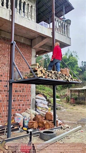 Watch how this custom-built outdoor freight elevator easily transports both a man and logs to the se