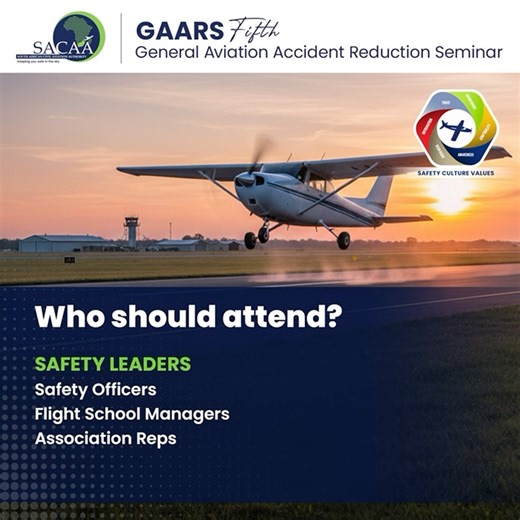 Who should be at the 5th GAARS? If you are or want to be in aviation, this seminar is for you! Pilots, AMEs, Flight School Managers, and Students—safety is a shared responsibility. Secure your spot now: https://bit.ly/45eZypb #AviationSafety #GeneralAviation | South African Civil Aviation Authority - SACAA