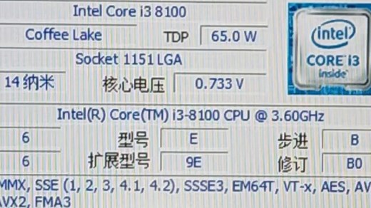 INTEL CORE I3-8100处理器在笔记本节能模式下性能参数和CPU-Z测试得分！感谢粉丝 “dyifzu”提供测试视频！
