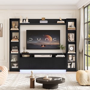 Hiphuta 79" W Wall Unit Entertainment Center for TVs up to 60", Farmhouse Wall Unit TV Stand with Bookshelves and Cabinet, Entertainment Center with LED Lights for Living Room, Black