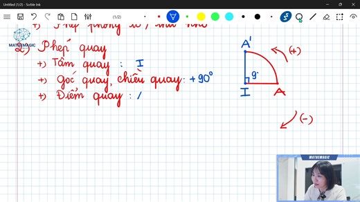 💘 TOÁN 10 VECTOR - CÁC PHÉP BIẾN HÌNH | TOÁN CAMBRIDGE Tại lớp học của Mathemagic, cô giáo sẽ trực tiếp theo sát và hướng dẫn các bạn cách làm chủ lý thuyết cũng như áp dụng vào các ví dụ thực tiễn một cách dễ dàng nhất. 1. Tổng quan lý thuyết về Phép biến hình Vector Phép biến hình trong mặt phẳng là một quy tắc đặt tương ứng mỗi điểm M với duy nhất một điểm M'. Trong đó, các phép dời hình cơ bản bao gồm: 2. Đào sâu kiến thức: Phép quay (Rotation) 📍 Định nghĩa: Cho điểm O và góc lượng giác α.