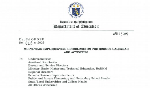 DepEd Order 012, s. 2025 - Multi-Year Implementing Guidelines on the School Calendar and Activities