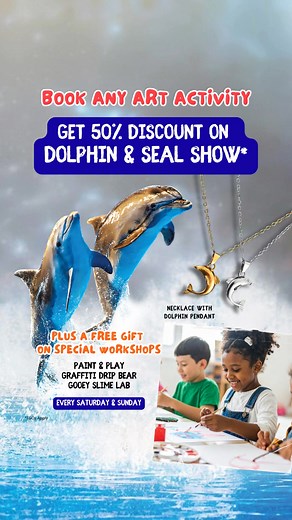 Let your kids create, play, and take home a surprise Book any art activity from 25Dh and get 50% on Dolphin & Seal Show* • Canvas Painting • Graffiti Bear Drip Painting • Gooey Slime Lab PLUS Free gift and Children's City access 🚨 Every Saturday and Sunday 📍 Dubai Dolphinarium, inside Creek Park Gate 1 *T&Cs apply #thingstodoforkids #dubaikids #artforkids | Dubai Dolphinarium