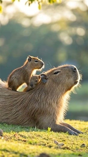 Capybara Mom Giving Her Babies a Ride 🥹🐹 | Cutest Family Moment #capybara #animals #cute