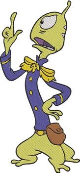 Expressive green alien soldier embroidery designs in purple uniform - Instant Do