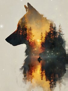 The Wolf Is a Forest of Two Worlds A wolf stands, but inside him the sun is burning, trees rise like prayers through his ribs of dusk. The river holds a lone canoe of knowing, moving through silence, steady and hushed. He is not only animal—he is a doorway, a story wearing fur and embered sky. Where his shadow ends, the spirits begin, and the world remembers how to survive. | Native Pride History