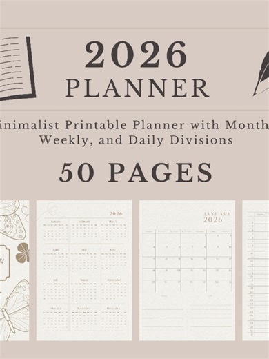 2026 Minimalist Printable Planner with Yearly Monthly Weekly and Daily Layouts (Digital Download) #planner #2026planner #lifeplanner #2026calendar #yearlyplanner Stay organized and inspired all year long with this beautifully designed 2026 minimalist printable planner. Created with a clean, minimal aesthetic, this planner is perfect for anyone who values simplicity, functionality, and stylish home or office organization. Available in A3, A4, and A5 sizes, it adapts easily to your lifestyle — whe