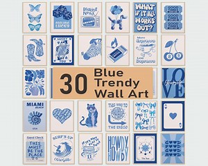 Trendy Retro Wall Art Set of 30 Blue White Prints Girly Preppy Room Decor Cute Apartment Aesthetic Beige Y2k Printable Posters Gallery Theme - Etsy