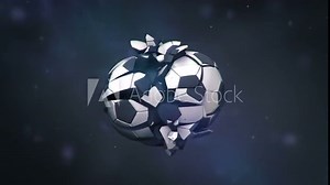 Soccer Football Balls Crash and Explode into Pieces on Dark Background