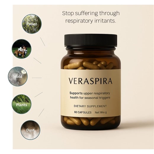 Tired of feeling like you just have to "suffer through" environmental and seasonal changes? Other options never quite manage the issue? Veraspira builds up your upper respiratory defense before the pollen hits. It's an easy-to-take daily supplement that supports immunity and upper respiratory health. ✓ All-natural ✓ Formulated by a scientist with 50 years of experience ✓ Non-drowsy ✓ Take control of your sinuses ✓ No other product like it (completely unique formula) Stay ahead of sniffles with n