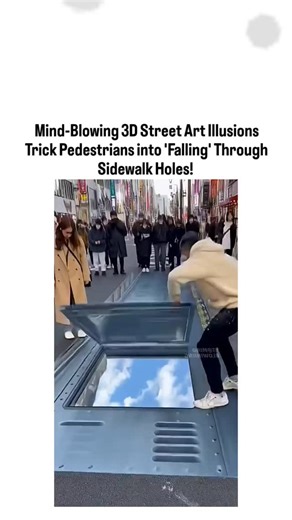 Facts on Instagram: "Get ready to question reality with this insane compilation of 3D street art that turns ordinary sidewalks into treacherous pitfalls! The video opens in a bustling Asian city street, where a guy in a beige hoodie bends down and lifts a metallic lid on the pavement. As it swings open, it reveals a stunning reflection of blue sky and fluffy clouds below—like a portal straight through the Earth! He leans in curiously, then appears to tumble headfirst into the abyss, his body van