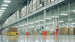 A box is getting transported by an automated storehouse robot