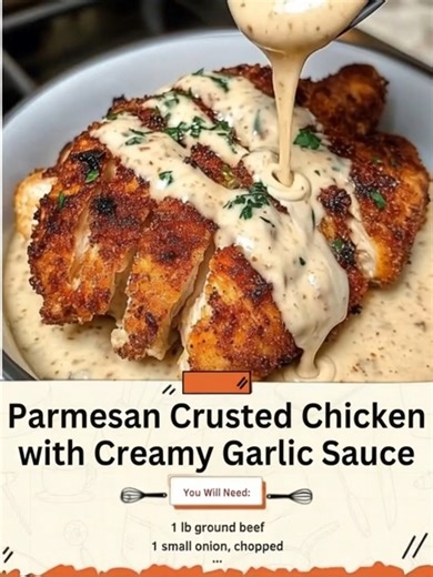 Parmesan Crusted Chicken with Creamy Garlic Sauce Ingredients: • 2 boneless, skinless chicken breasts • 1/2 cup all-purpose flour • 1/4 cup grated Parmesan cheese • 1 teaspoon garlic powder • 1/2 teaspoon onion powder • 1/4 teaspoon salt • 1/8 teaspoon black pepper • 1/2 cup butter • 1/4 cup heavy cream • 2 cloves garlic, minced • 1/4 teaspoon salt • 1/8 teaspoon black pepper | Nevaeh Recipes