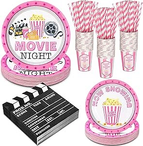 Yungyan 180 Pcs Movie Night Party Supplies Pink Movie Theme Birthday Decorations Serves 36 Bulk Paper Plates Napkins Cups and Straws Disposable Dinnerware Set for Popcorn Home Bar Cinema