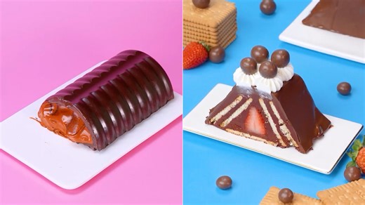 Chocolate caramel roll & strawberry pyramid cake