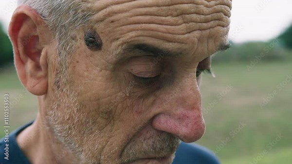 Crying Elderly Man Looks With Sad Facial Expression At The Past