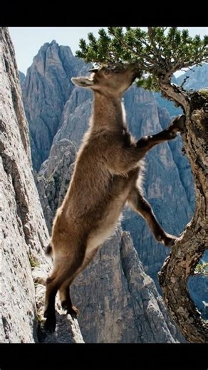 Ibex Goat Struggles to Eat Leaves on a Steep Mountain Tree