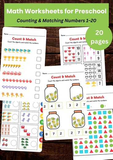 Printable Math Worksheets for Preschool | Counting & Matching Numbers 1–20 | 20 Pages PDF