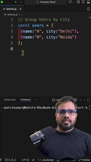 Mohit Decodes on Instagram: "Group Users by City | JavaScript Interview Question 🚀 In this short, you’ll learn how to group an array of objects by city — a super common real-world logic used in dashboards, admin panels, and analytics. Simple logic, clean code, interview-ready solution. 👉 Follow @MohitDecodes for daily JavaScript, DSA & interview shorts. 👍 Like • 💬 Comment • 🔁 Share with your coding buddy #javascript #jsinterview #dsa #coding #mohitdecodes"