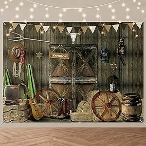 7 x 5 Ft Western Cowboy Party Decorations Western Backdrop Cowboy Theme Supplies Wild West Decor Rustic Wooden House Barn Banner Rodeo Party Photography Background for Baby Shower Birthday Favors