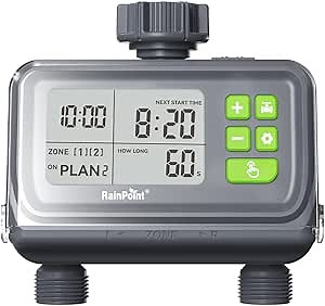 RAINPOINT 2 Zone Smart Water Timer for Garden Hoses - Lawn Sprinkler Timers with Up to 3 Preset Programs, Rain Delay Sensor, Smart Water Hose Timers, Drip Irrigation Timer for Garden Watering System