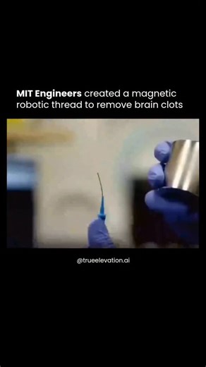True Elevation AI on Instagram: "MIT engineers have developed a soft, magnetically steerable robotic thread designed to navigate the brain’s narrow blood vessels and assist in treating clots that cause strokes. About as thin and flexible as a hair, the filament is made from a soft polymer embedded with magnetic particles and can be guided remotely by external magnetic fields rather than pushed through fragile vessels, which reduces mechanical force on the artery walls. The team demonstrated that