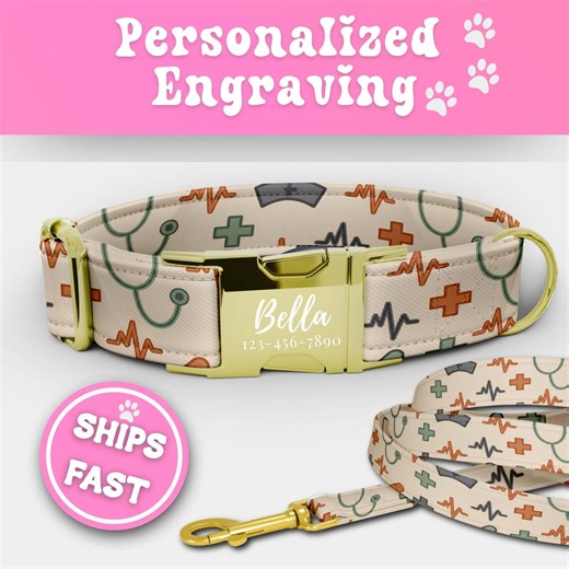 Nurse Personalized Dogs Collars & Leash Set Customized Dog Collar With Name Engraved Buckle Adjustable Handmade Puppy Collar Gift 152-3 - Etsy