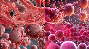 Diverse collection of microscopic images showcasing cells, bacteria, and viruses, highlighting microbiological science and medical research.