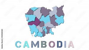 Cambodia map with paper regions. Animated country map growing from regions and title letters falling down. Vibrant 4k animation.