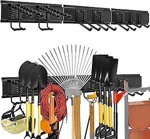 Garage Tool Organizer Wall Mount - Yard Garden Tool Organizer Heavy Duty Adjustable Garage Organizers with Adjustable Hooks & Anti-Rust Panel-48inch Tracks Max Load 600lb (03 Racks & 07 Hooks)
