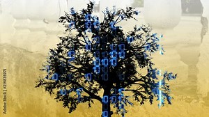 Mixed media of two 3d animation from tree and binary code