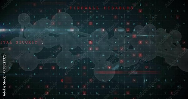 Firewall disabled text animation over digital security network with numbers and letters