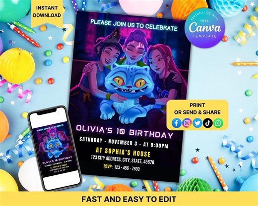 Derpy Tiger Birthday Invitation, Editable K-pop Neon Party Invite, Digital Download, Demon Hunter Birthday Card, Printable Canva Template - Etsy