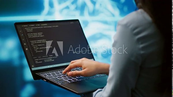 Engineer using notebook to maintenance artificial intelligence neural networks. Close up shot of IT expert using AI system aiding in processing and transmitting information, camera A
