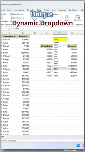 ATHER NAQVI l Excel, Tech & Ai Tips on Instagram: "🔥 One dropdown, unlimited auto-updates! Create a dynamic data validation dropdown using spill ranges — no manual range edits needed. 📌 Jab source list change ho, dropdown khud update ho jata hai. 📌 Perfect for dashboards, reports & smart data entry. 💡 Use FILTER / SORT / UNIQUE + (spill operator) and level up your Excel skills. 👉 Save this reel & follow @ATHERNAQVI for daily Excel tricks. ExcelTips DynamicDropdown SpillRange ExcelReels Exce