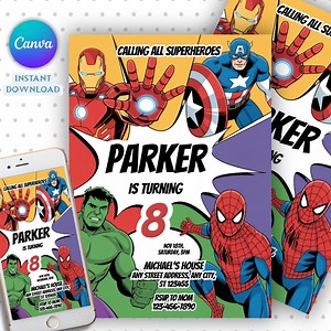 Avengers Party Editable Superheroes Birthday Invitation Template, Printable Superheroes Birthday Party Invitation Kids, Canva Template - Etsy