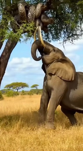 A giant python on a tree branch wrapped itself around a small baby elephant clinging to the branch.