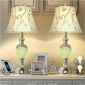 Bedside Table Lamp Set of 2 with Nightlight and USB A+C Ports, 27'' High Vintage Table Lamps with Silver Leaf Finish and Embroidered Shade, Nightstand Lamps Decor for Bedroom Living Room Home Office